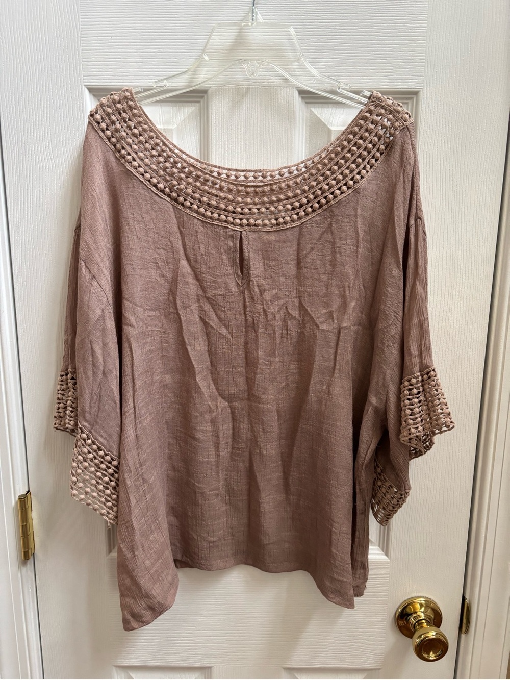 Maria Gabrielle Taupe Gauze Blouse With Crochet Trim, Size XL, EUC